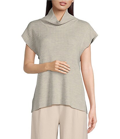 Eileen Fisher Merino Wool Turtleneck Cap Sleeve Ribbed Boxy Sweater