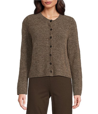 Eileen Fisher Mohair Plush Melange Knit Crew Neck Long Sleeve Button Front Cropped Cardigan