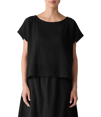 Eileen Fisher Organic Cotton Blend Airy Box Pattern Boat Neck Short Sleeve Top