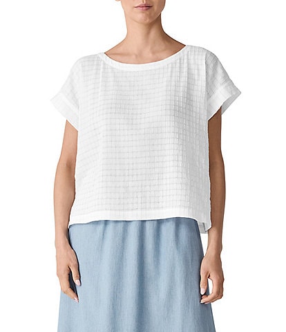 Eileen Fisher Organic Cotton Blend Airy Box Pattern Boat Neck Short Sleeve Top