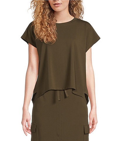 Eileen Fisher Organic Cotton Blend Stretch Jersey Crew Neck Cap Sleeve Coordinating Shirt