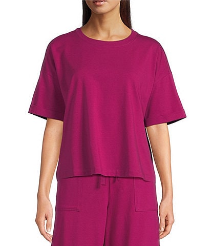 Eileen Fisher Organic Cotton Blend Stretch Jersey Round Neck Short Sleeve Top