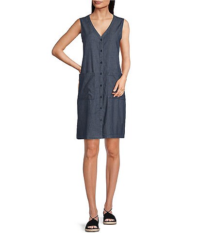 Eileen Fisher Organic Cotton Denim V-Neck Sleeveless Button Front High Side Slit Hem Dress