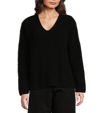 Eileen Fisher Organic Cotton Fluff V-Neck Long Sleeve Boxy Sweater