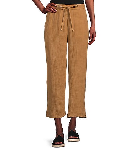 Eileen Fisher Organic Cotton Gauze Cropped Wide Leg Drawstring Waist Coordinating Pants