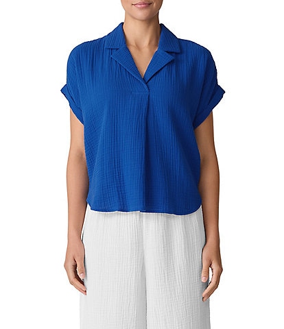 Eileen Fisher Organic Cotton Gauze Point Collar Long Sleeve Top