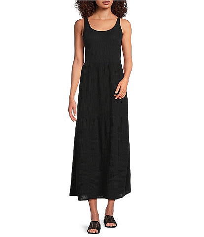 Eileen Fisher Organic Cotton Gauze Scoop Neck Sleeveless Tiered Dress