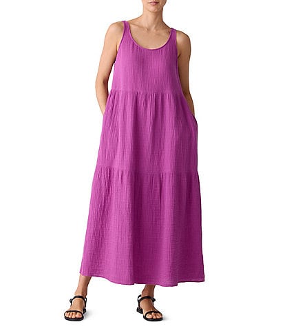 Eileen Fisher Organic Cotton Gauze Scoop Neck Sleeveless Tiered Dress