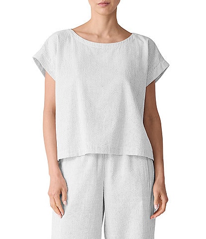 Eileen Fisher Organic Cotton Grid Pattern Boat Neck Short Sleeve Top