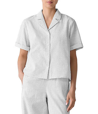 Eileen Fisher Organic Cotton Grid Pattern Notch Collar Short Sleeve Button Front Shirt