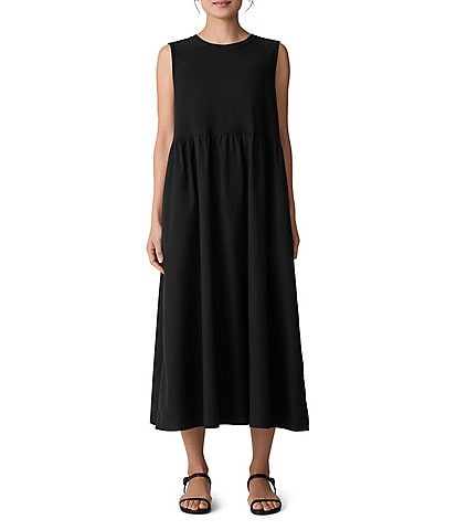 Eileen Fisher Organic Cotton Knit Poplin Round Neck Sleeveless Full Length Dress