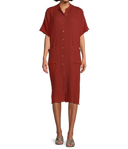 Eileen Fisher Organic Cotton Lofty Gauze Mandarin Collar Short Sleeve Button-Front Midi Shirt Dress