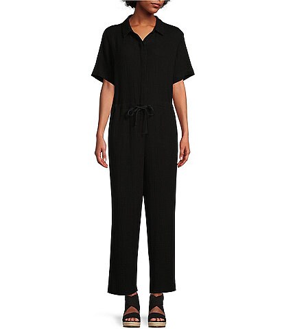 Eileen Fisher Organic Cotton Lofty Gauze Point Collar Short Sleeve Drawstring Wide Leg Jumpsuit