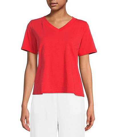 Eileen Fisher Organic Cotton Slubby Jersey Knit V-Neck Short Sleeve Tee Shirt