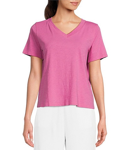 Eileen Fisher Organic Cotton Slubby Jersey Knit V-Neck Short Sleeve Tee Shirt
