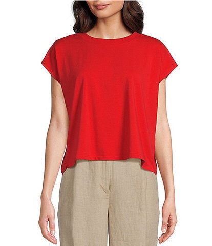 Eileen Fisher Organic Cotton Stretch Jersey Crew Neck Cap Sleeve Boxy Tee Shirt