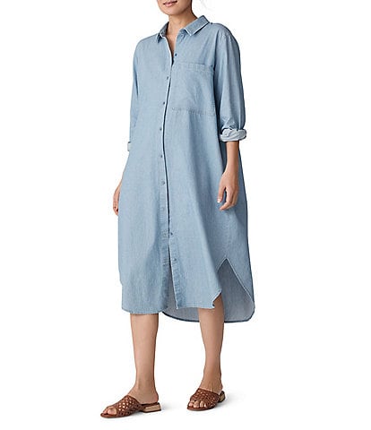 Eileen Fisher Organic Cotton Twill Classic Point Collar Long Sleeve Button Front Midi Shirt Dress