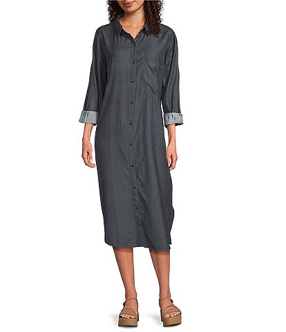 Eileen Fisher Organic Cotton Twill Classic Point Collar Long Sleeve Button Front Midi Shirt Dress