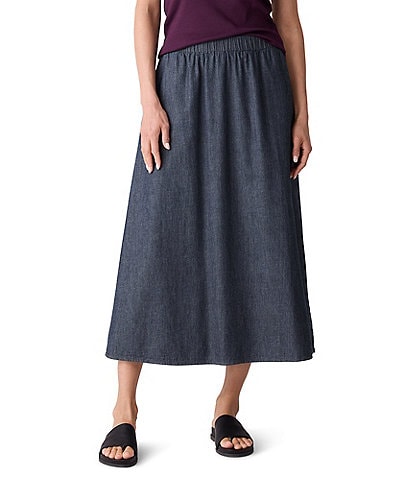 Eileen Fisher Organic Cotton Twill Elastic Waits A-Line Midi Skirt