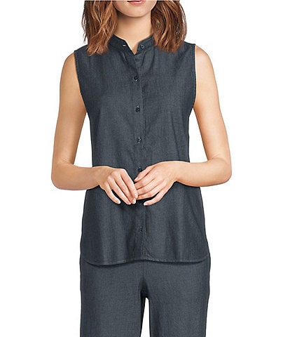 Eileen Fisher Organic Cotton Twill Mandarin Collar Sleeveless Top