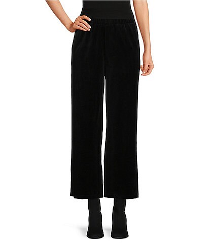 Eileen Fisher Organic Cotton Velour Knit Elastic Waistband Wide Leg Pull-On Pants