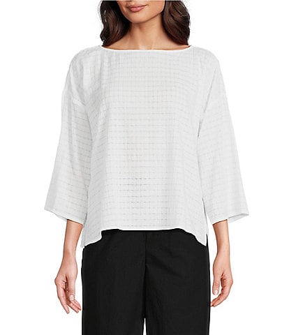 Eileen Fisher Organic Cotton Voile Textured Boat Neck 3/4 Sleeve Boxy Top