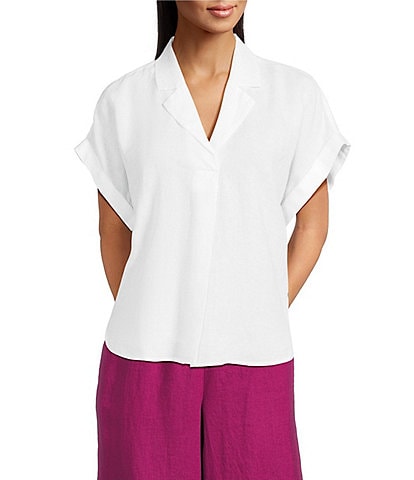 Eileen Fisher Organic Handkerchief Linen Notch Collar Short Sleeve Top