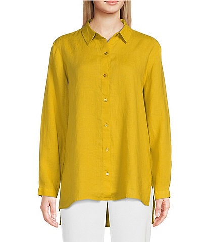 Eileen Fisher Organic Handkerchief Linen Long Sleeve High-Low Hem Shirt