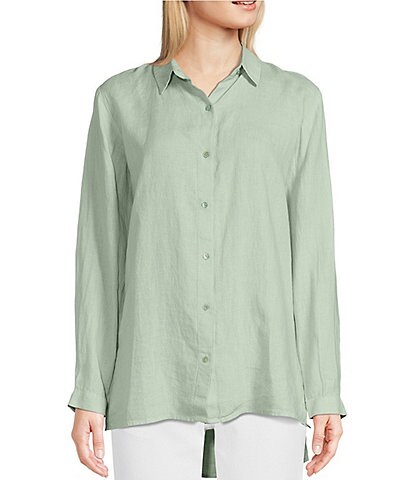 Eileen Fisher Organic Handkerchief Linen Long Sleeve High-Low Hem Shirt