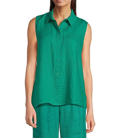 Eileen Fisher Organic Handkerchief Linen Point Collar Sleeveless Side Slit Button-Front Shirt