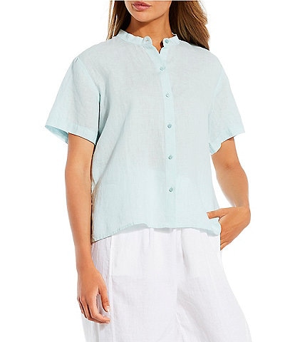 Eileen Fisher Organic Linen Banded Collar Short Sleeve Top
