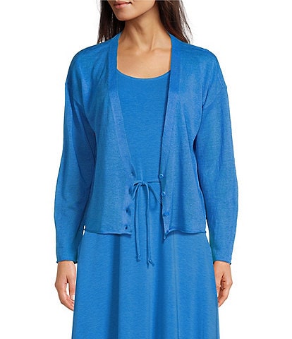 Eileen Fisher Organic Linen Blend V-Neck Long Sleeve Boxy Button-Front Cropped Cardigan