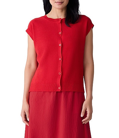 Eileen Fisher Organic Linen Cotton Blend Crew Neck Cap Sleeve Vest