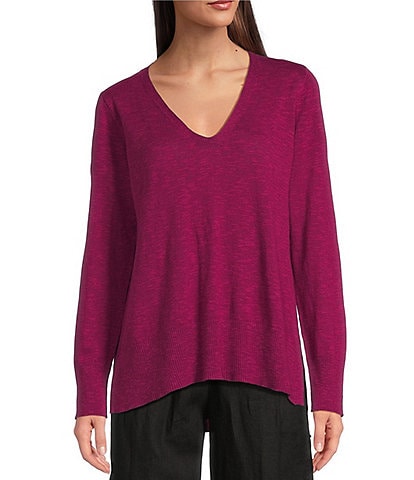 Eileen Fisher Organic Linen Cotton Blend V-Neck Long Sleeve Sweater