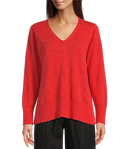 Eileen Fisher Organic Linen Cotton Blend V-Neck Long Sleeve Sweater