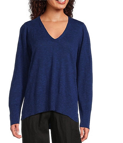 Eileen Fisher Organic Linen Cotton Blend V-Neck Long Sleeve Sweater