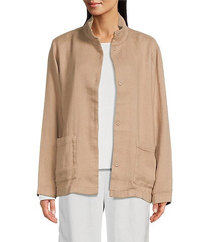Eileen Fisher Organic Linen Cotton Stand Collar Long Sleeve Patch Pocket Button Front Jacket