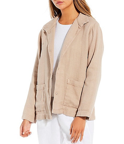 Eileen Fisher Organic Linen Cotton Stand Collar Long Sleeve Patch Pocket Button Front Jacket