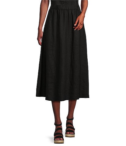 Eileen Fisher Organic Linen Elastic Waist A-Line Gathered Midi Skirt
