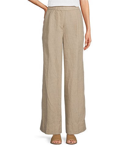Eileen Fisher Organic Linen Elastic Waist Pleat Front Wide Leg Pants