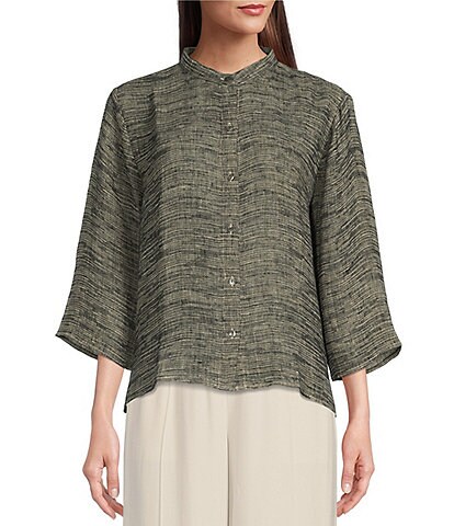 Eileen Fisher Organic Linen Gauze Mandarin Collar 3/4 Sleeve Button Front Shirt