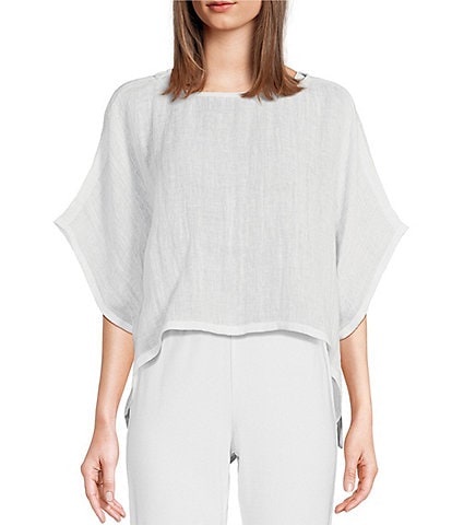 Eileen Fisher Organic Linen Gauze Round Neck Elbow Sleeve Cropped Poncho