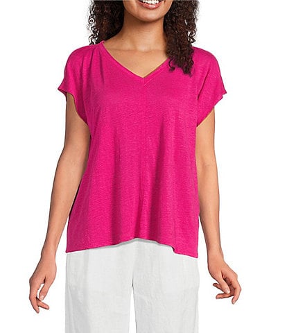 Eileen Fisher Organic Linen Jersey V-Neck Cap Sleeve Top