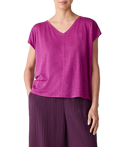 Eileen Fisher Organic Linen Jersey V-Neck Cap Sleeve Top