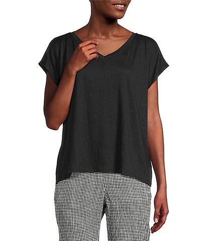 Eileen Fisher Organic Linen Jersey V-Neck Cap Sleeve Top