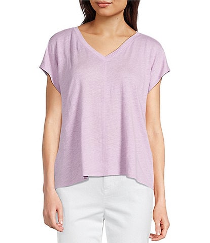 Eileen Fisher Organic Linen Jersey V-Neck Cap Sleeve Top