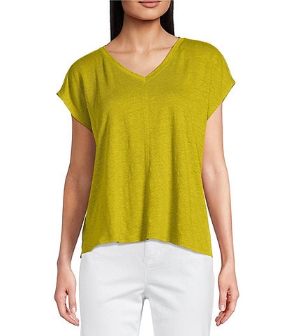 Eileen Fisher Organic Linen Jersey V-Neck Cap Sleeve Top