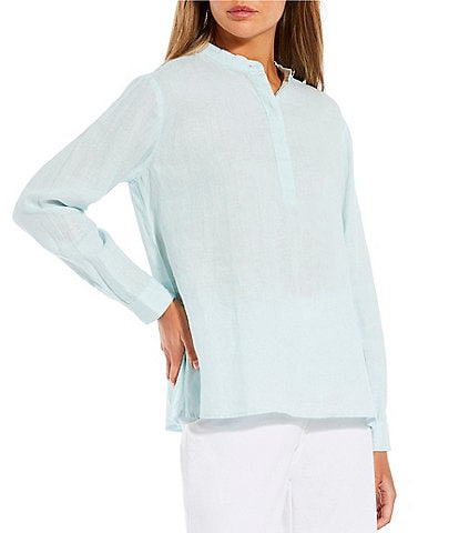 Eileen Fisher Organic Linen Mandarin Collar Long Sleeve Button Front Henley Blouse