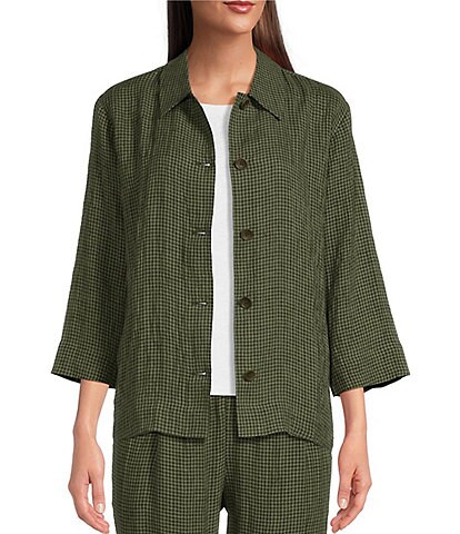 Eileen Fisher Organic Linen Puckered Point Collar 3/4 Sleeve Button Front Jacket