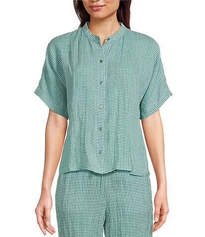 Eileen Fisher Organic Linen Seersucker Checked Print Short Sleeve Button Front Coordinating Shirt